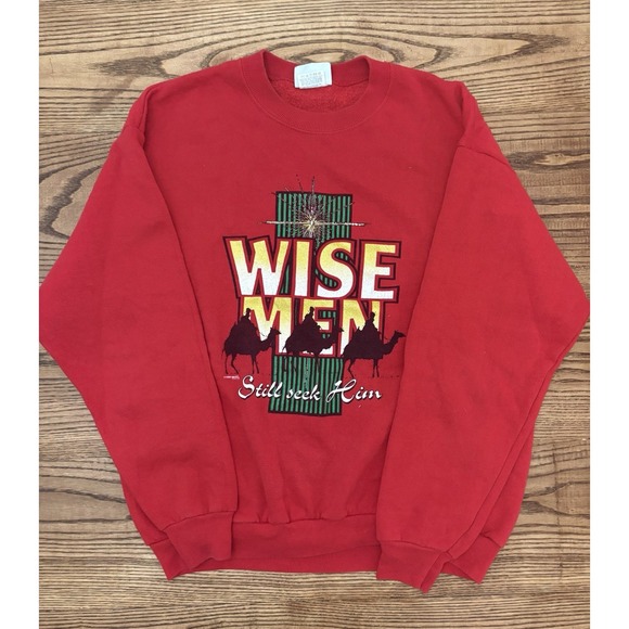 Vintage 90s Lee Wise Men Still Seek Him Jesus Crewneck Sweatshirt Size Large - Picture 1 of 8